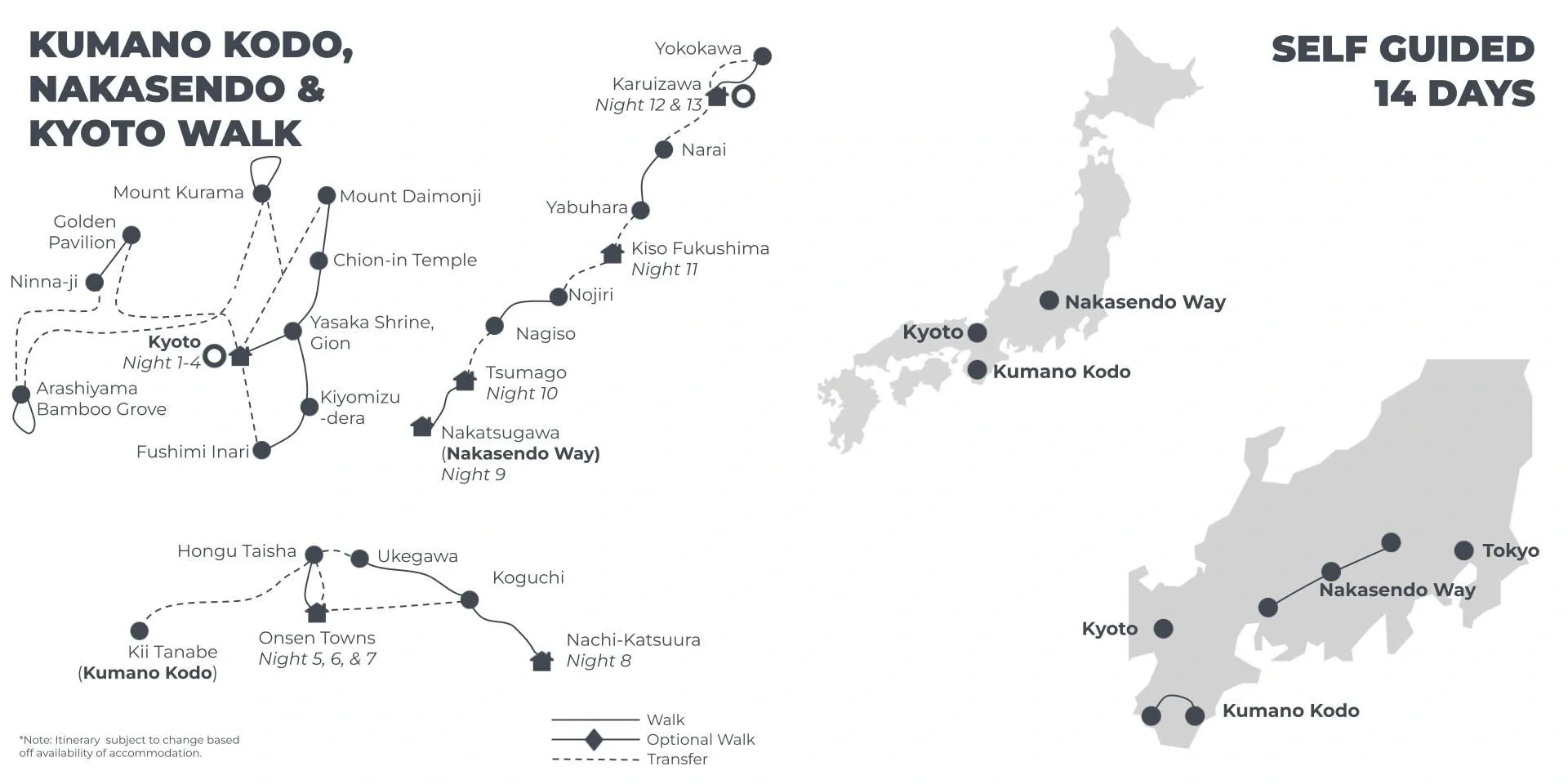 Kumano Kodo, Nakasendo & Kyoto Walk - 14 Days route map