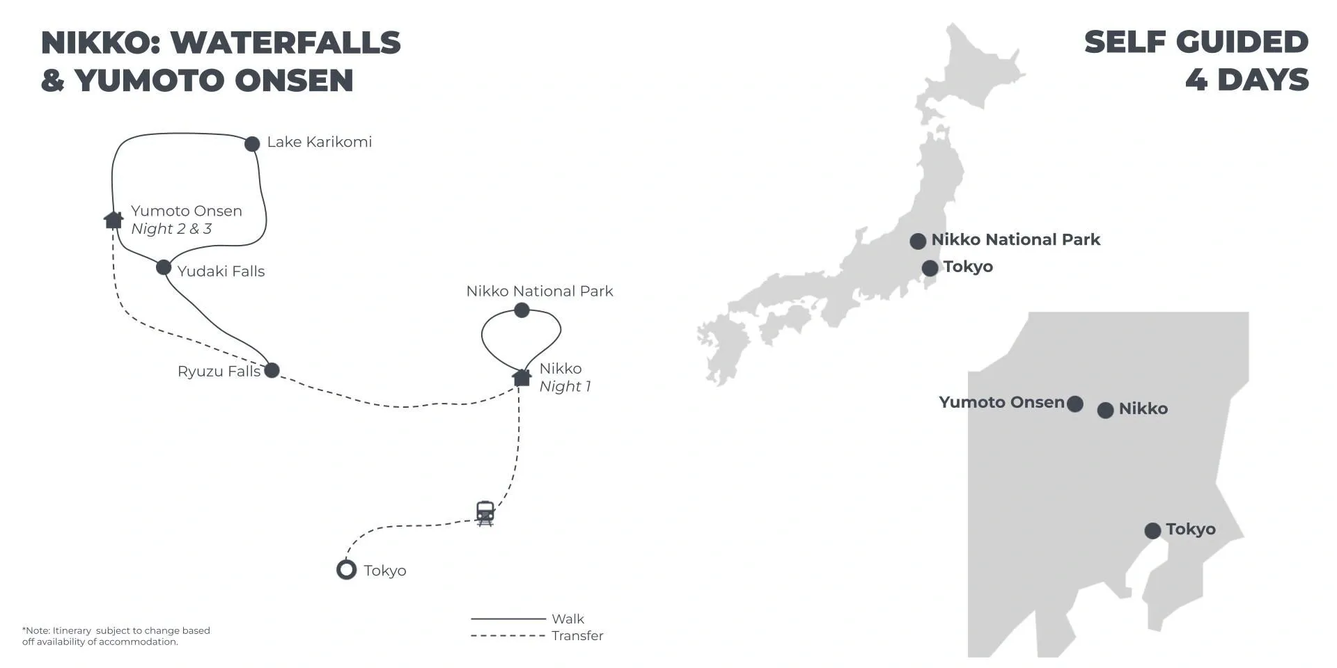 Nikko, Waterfalls and Yumoto Onsen - 4 Days route map