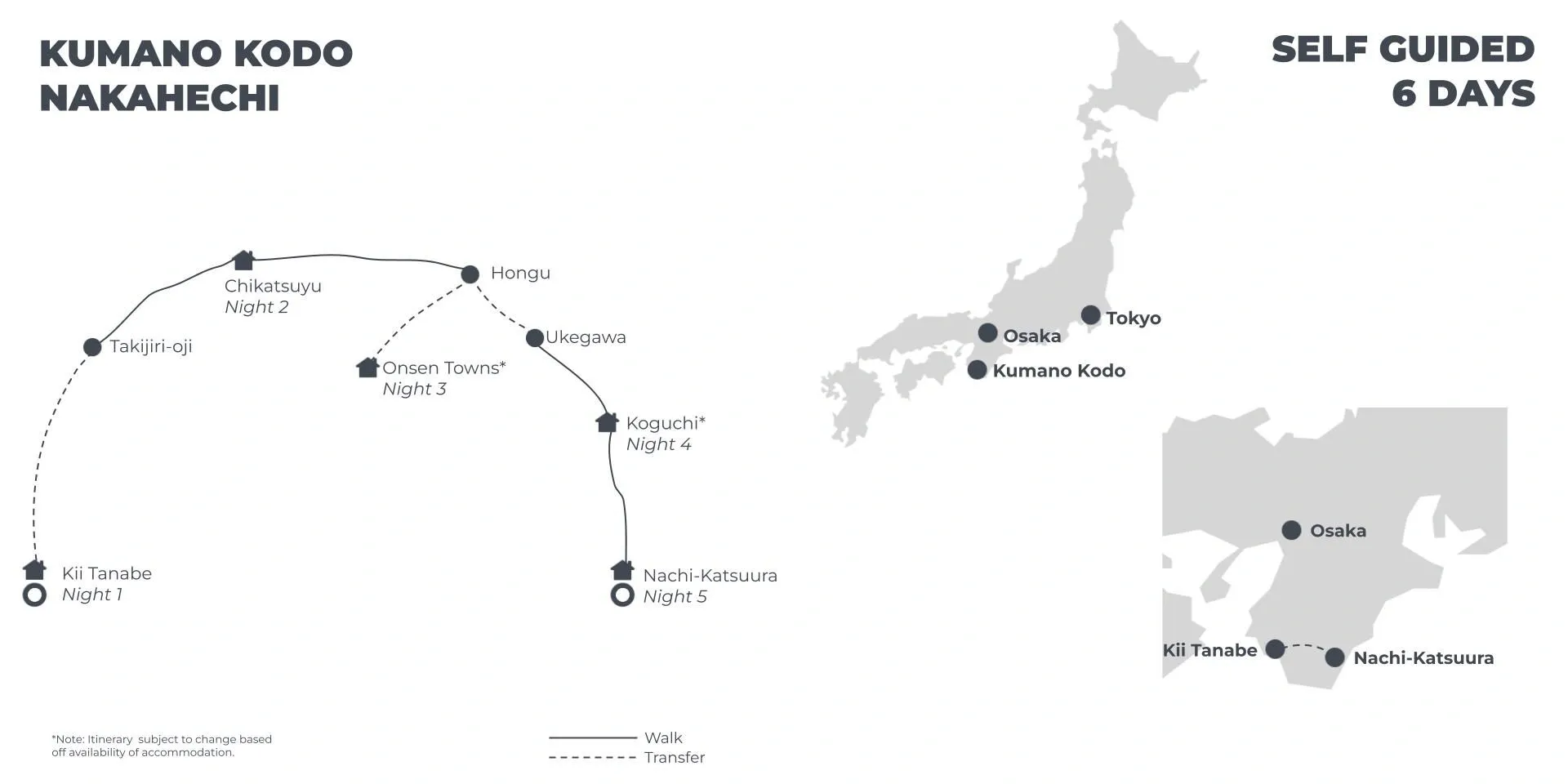 Kumano Kodo Nakahechi - 6 Days route map