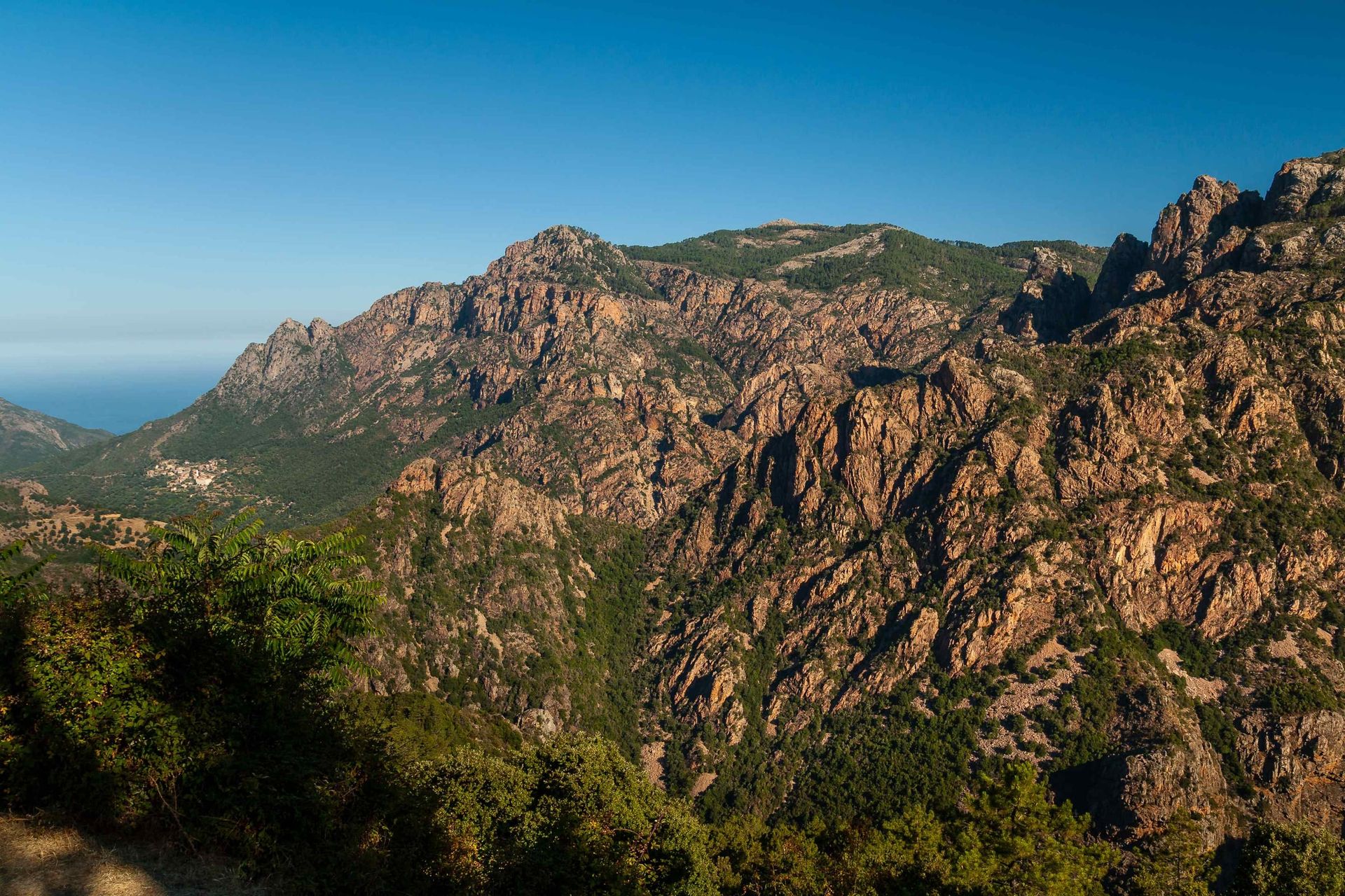 A view of the mountains while descending from Col de Vergio to city of Porto