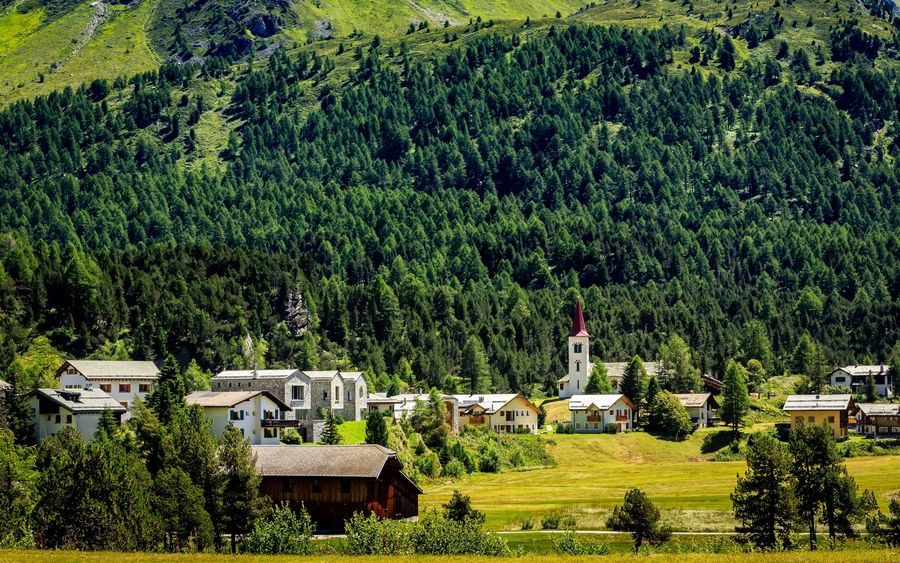 Alpine village of Maloja, Switzerland, showcasing traditional houses and a distinct red-roofed church