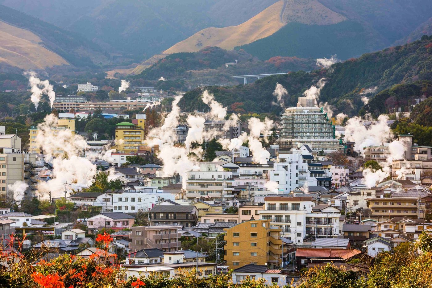 Beppu, Japan cityscape with hot spring bath houses. small