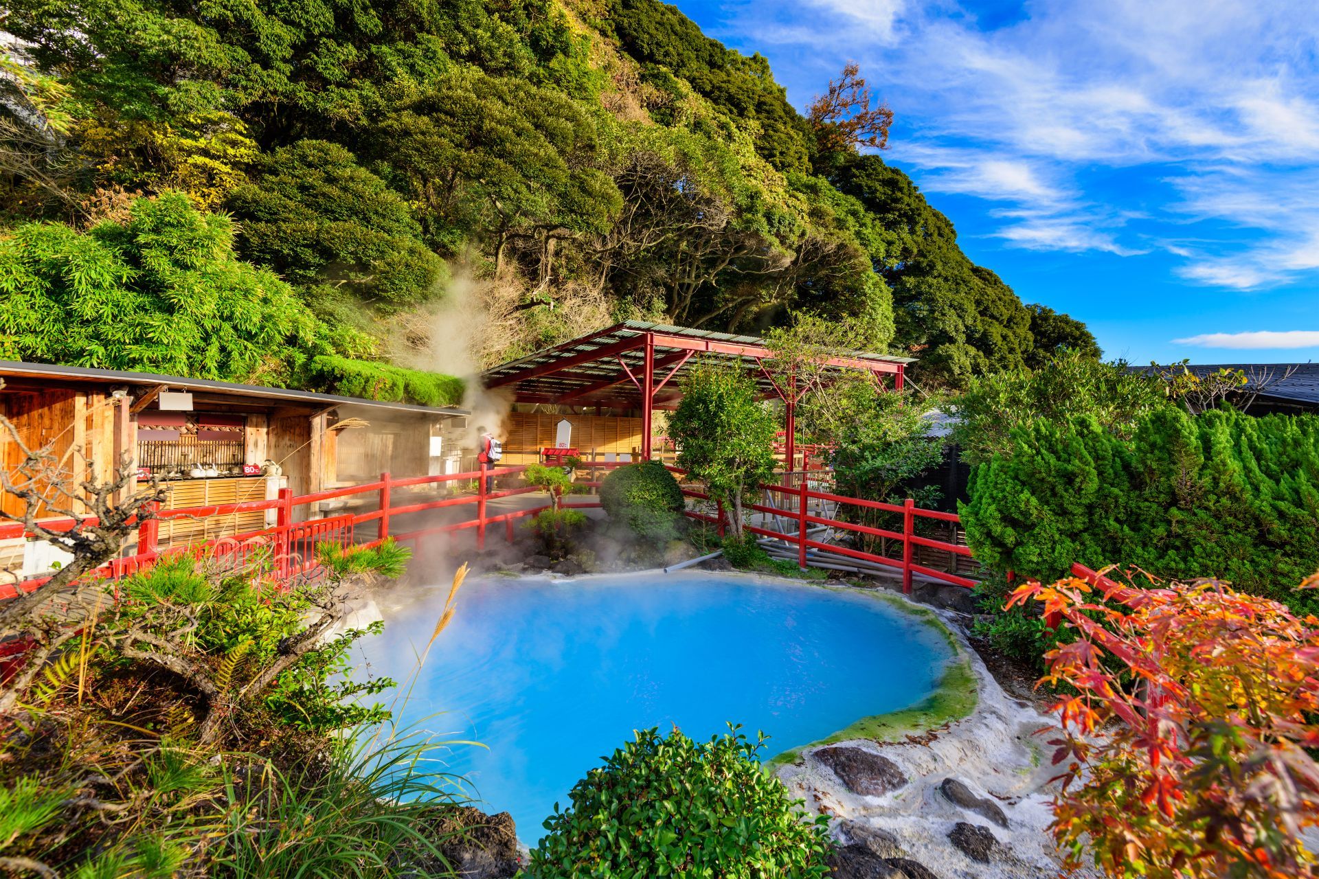 Geothermal water steams from the hot spring in Beppu
