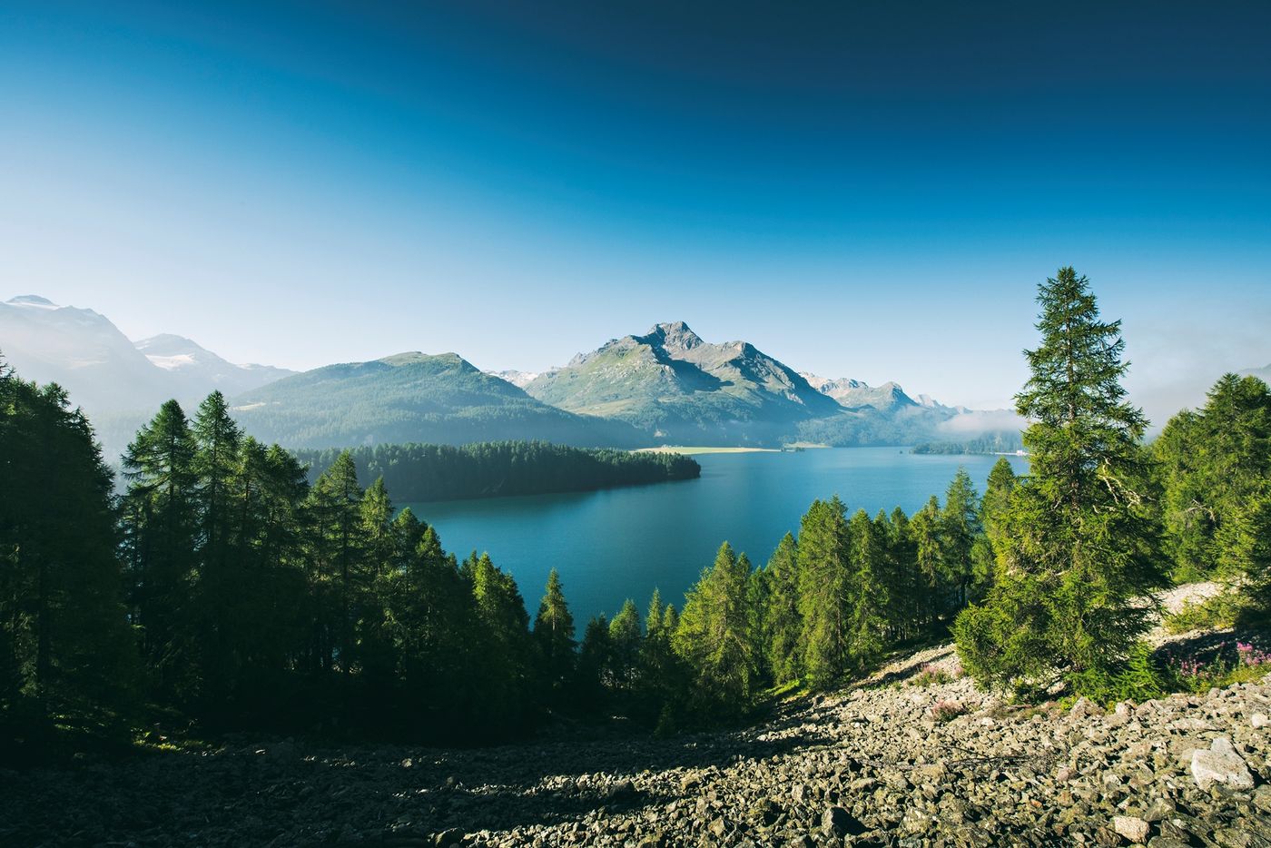 High-angle view of the deep blue waters of Lake Sils