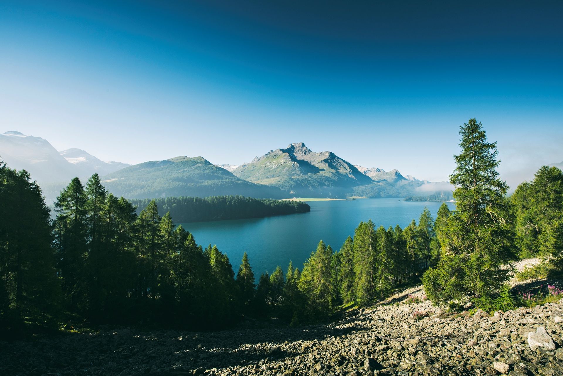 High-angle view of the deep blue waters of Lake Sils