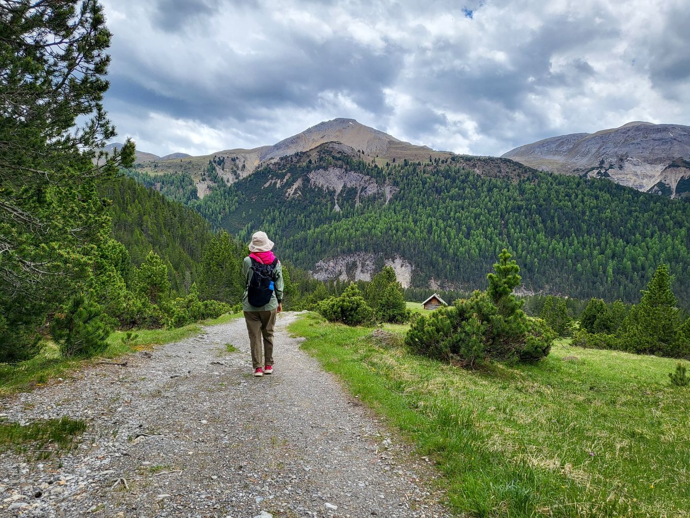 Hiker walking along a gravel trail heading towards a small wooden hut in Stabelchod trail in the Swiss National Park near Zernez