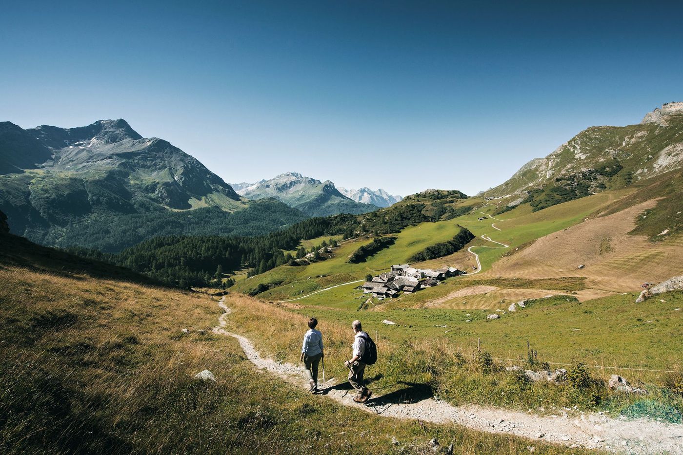Hikers walking down a narrow dirt trail toward the Via Engiadina in the Engadin valley, Switzerland