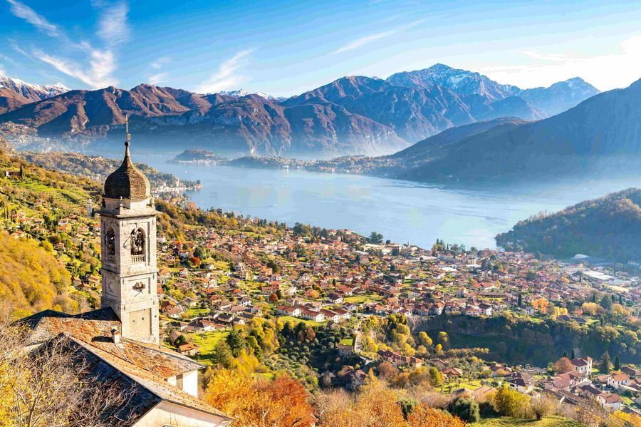 Lake Como Ossuccio Bellagio, Church of the Madonna del Socco, in autumn.