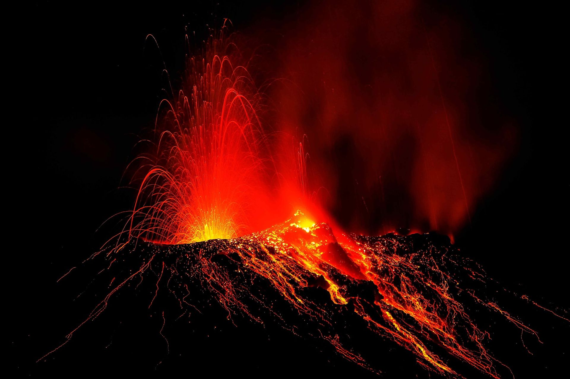 Lava bombs erupt from multiple vents on volcano, active for at least 2000 years, stromboli, aeolian islands, sm