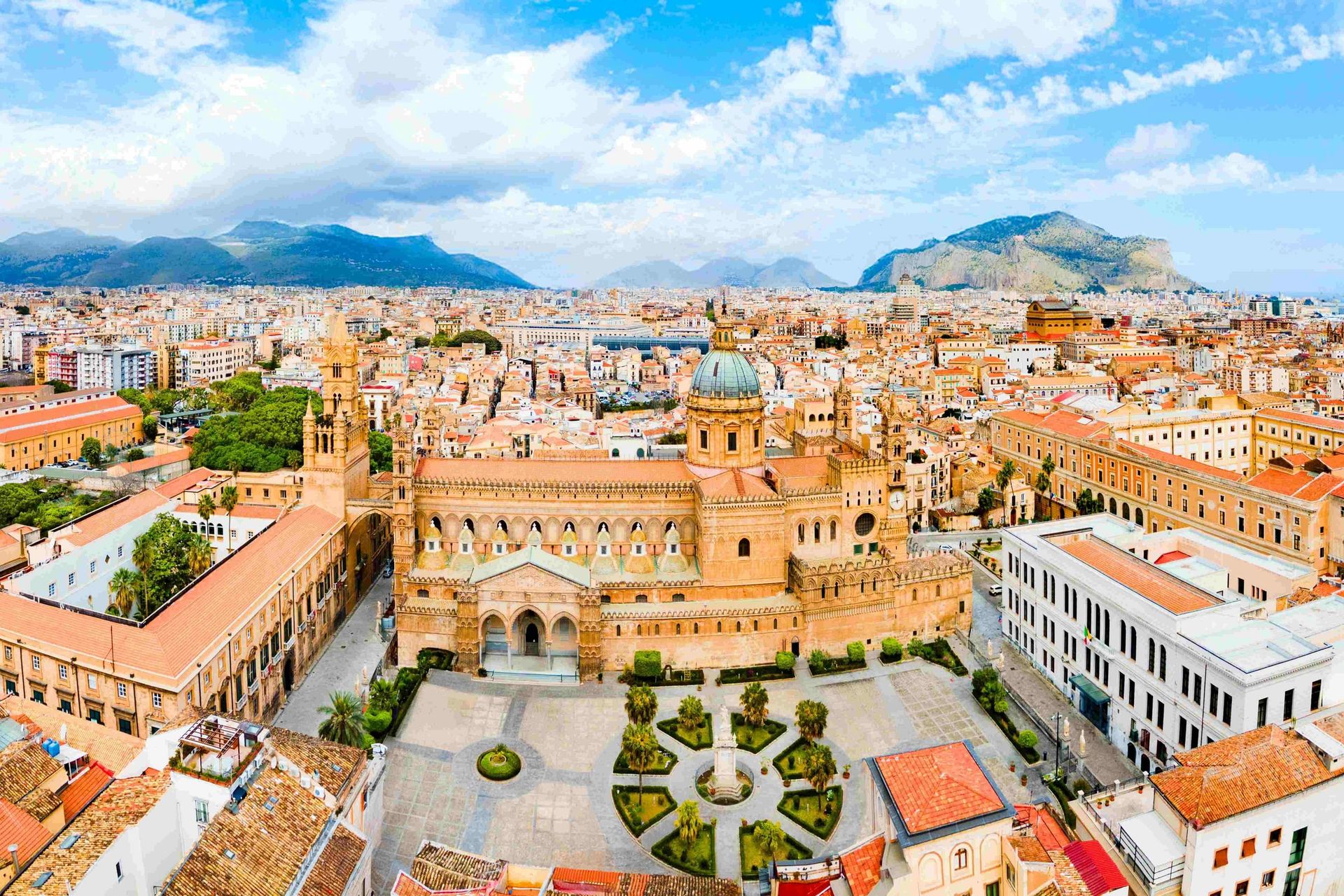 Palermo Cathedral or Duomo aerial panoramic view in Palermo. small