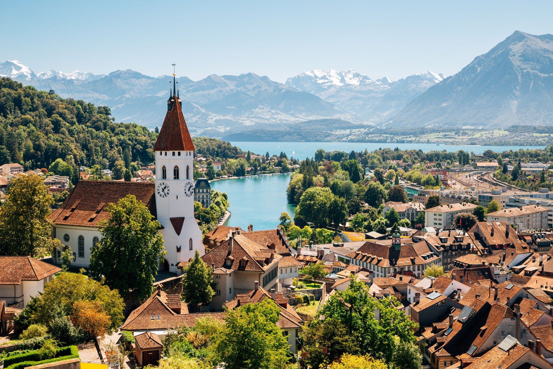 Scenic high-angle view over the red-tiled roofs of Thun village