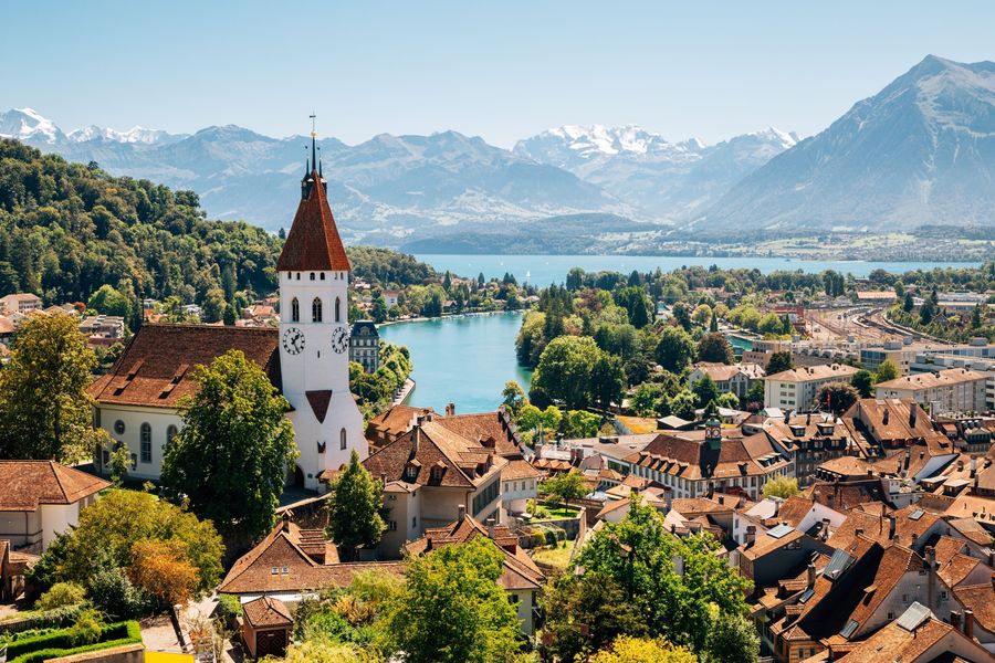 Scenic high-angle view over the red-tiled roofs of Thun village