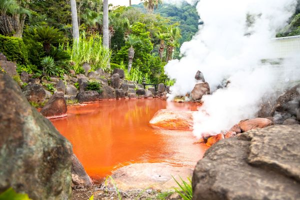 Steam rises from Oita Prefecture Beppu Hell Tour Umi Jigoku