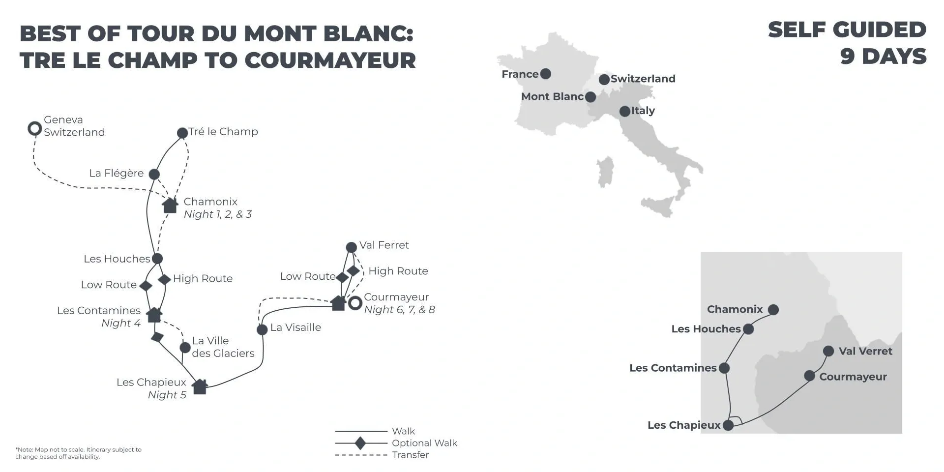 Best of Tour du Mont Blanc: Tre le Champ to Courmayeur - 9 Days route map