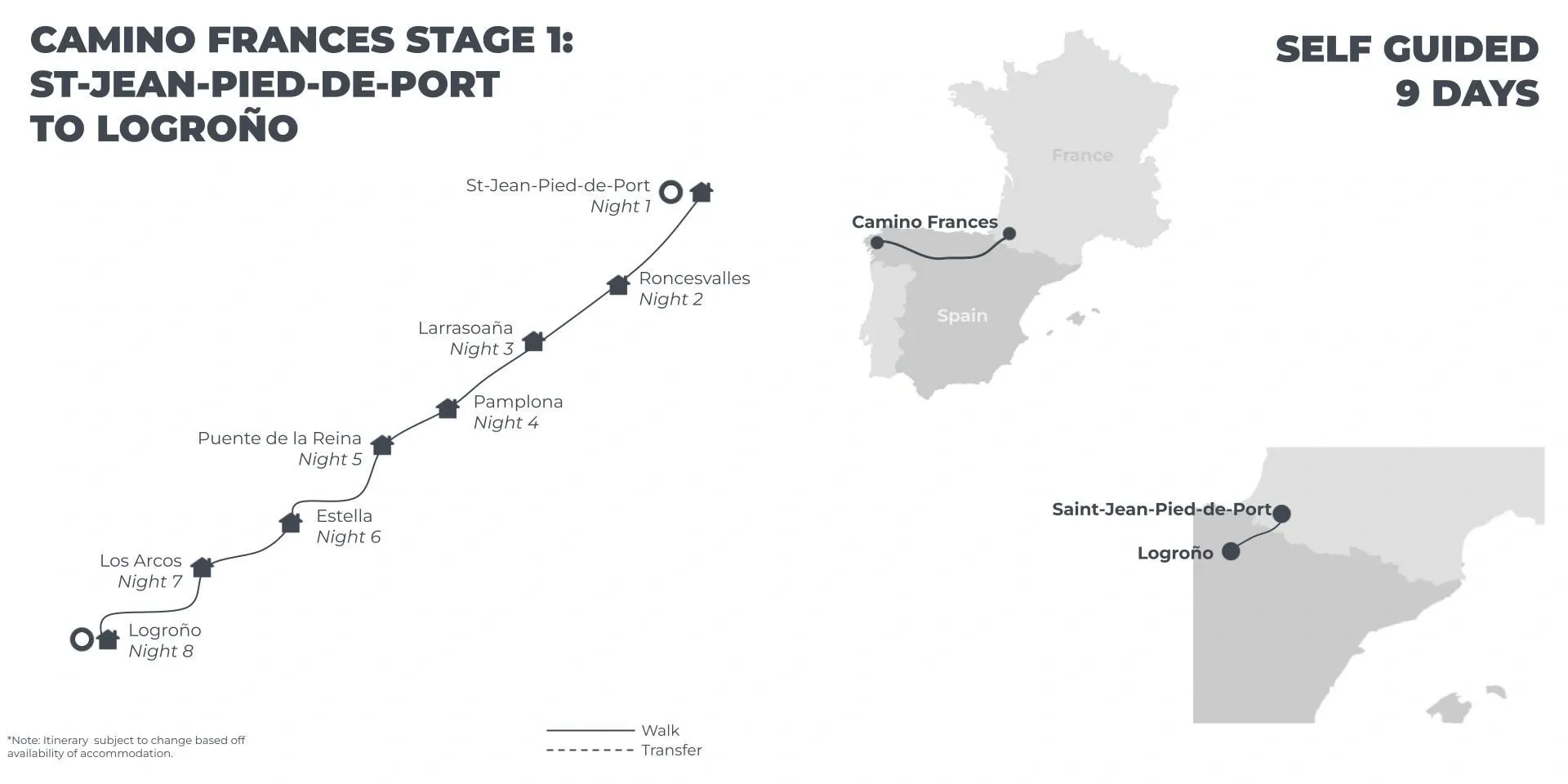 Camino Frances Stage 1: St Jean Pied de Port to Logrono - 9 Days route map