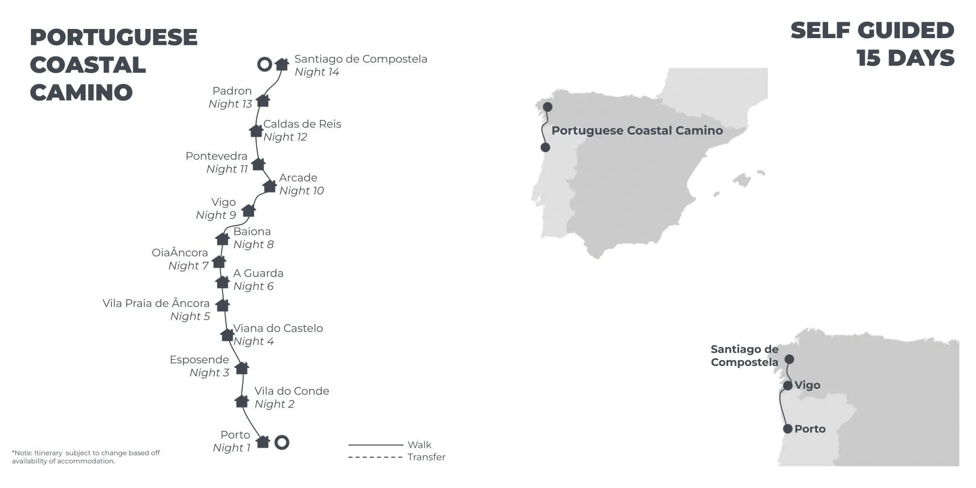 Portuguese Coastal Camino Way of St James - 15 Days route map