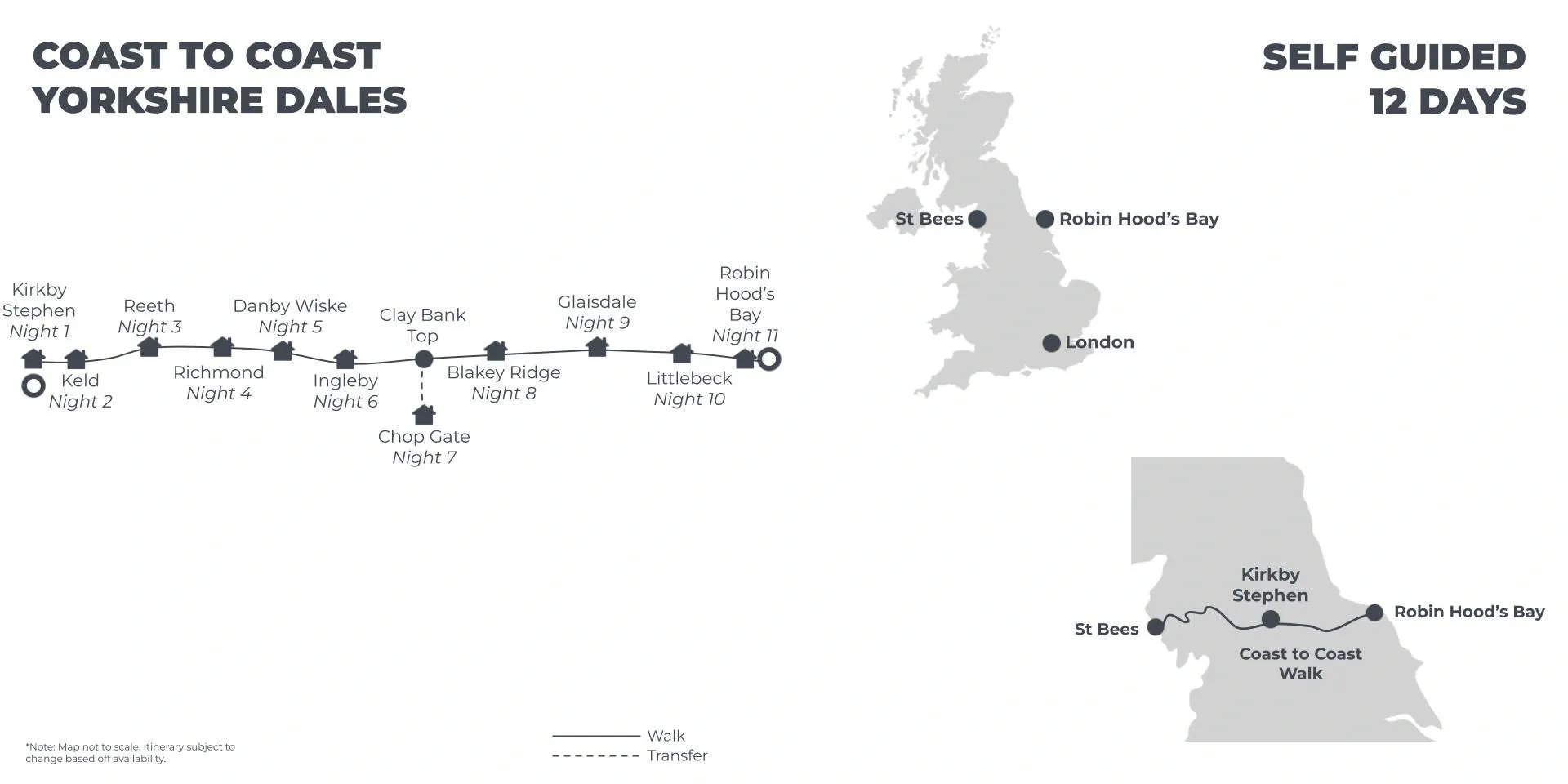 Coast to Coast Yorkshire Dales: Best Available B&B’s and Guesthouses - 12 Days route map