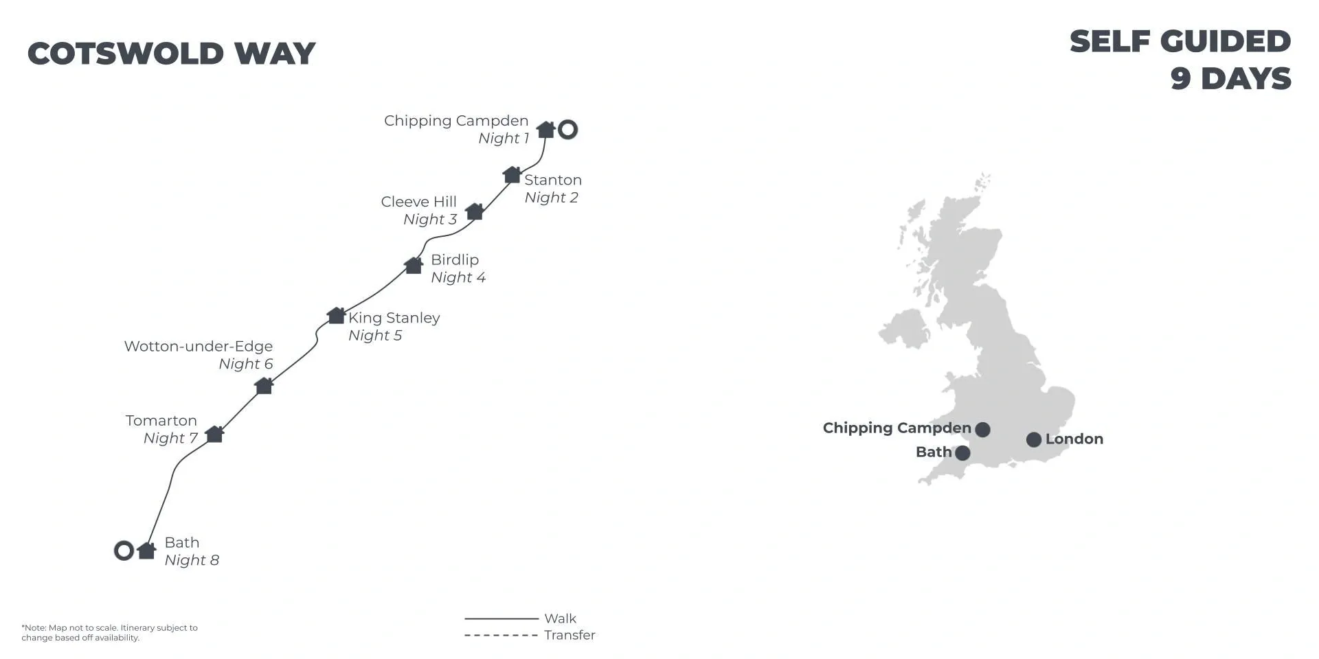 Cotswold Way: 3 Star English B&B’s & Guesthouses - 9 Days route map