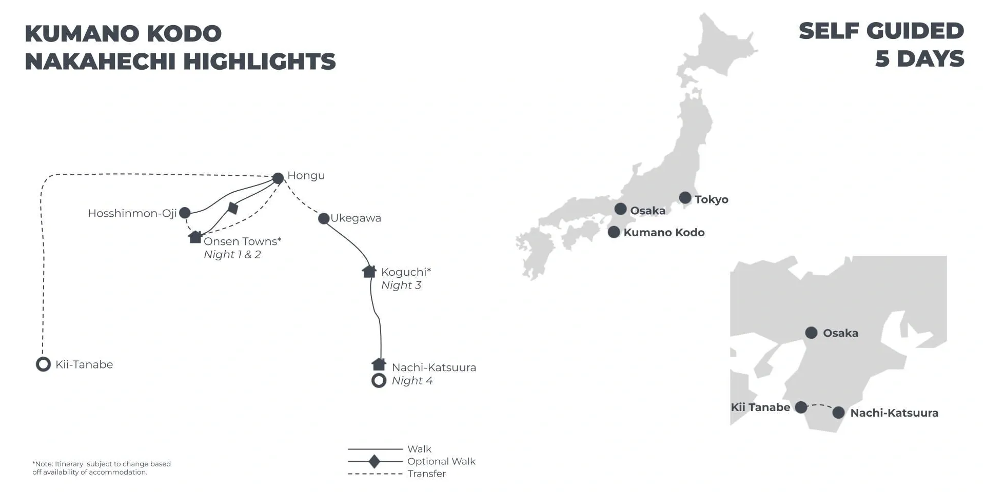Kumano Kodo Nakahechi Highlights - 5 Days route map