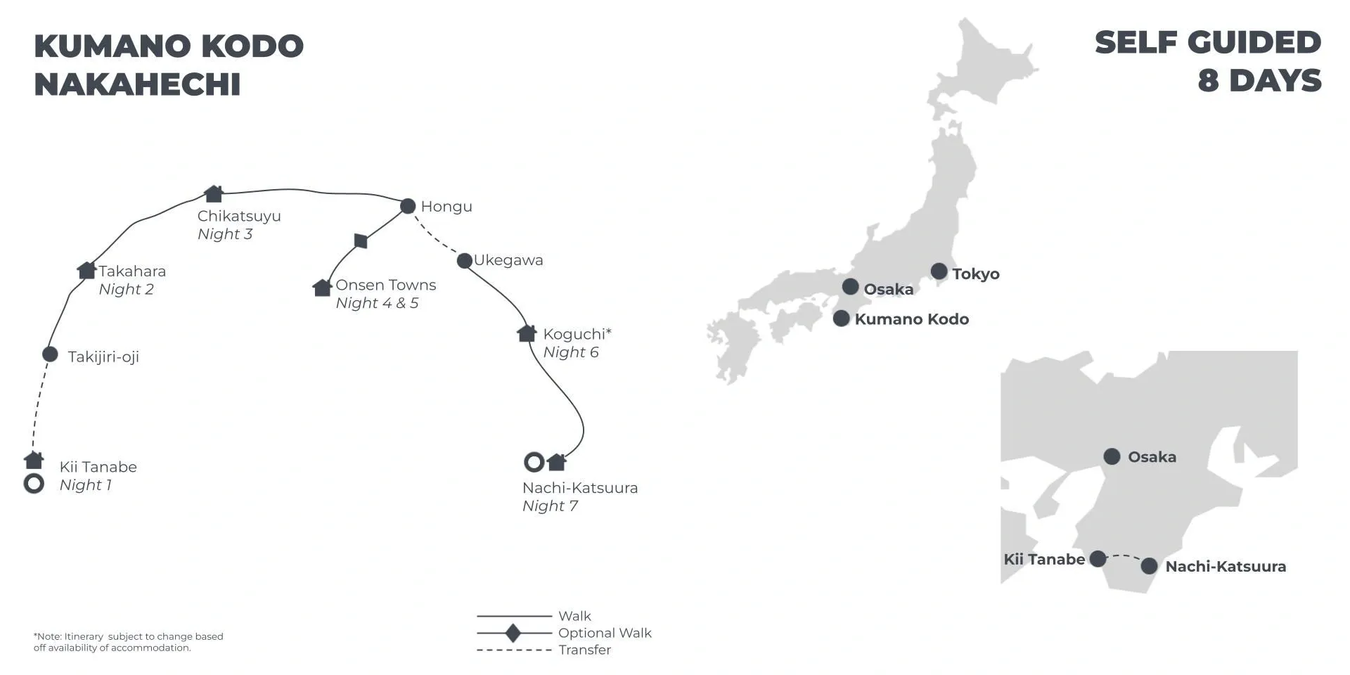 Kumano Kodo Nakahechi - 8 Days route map