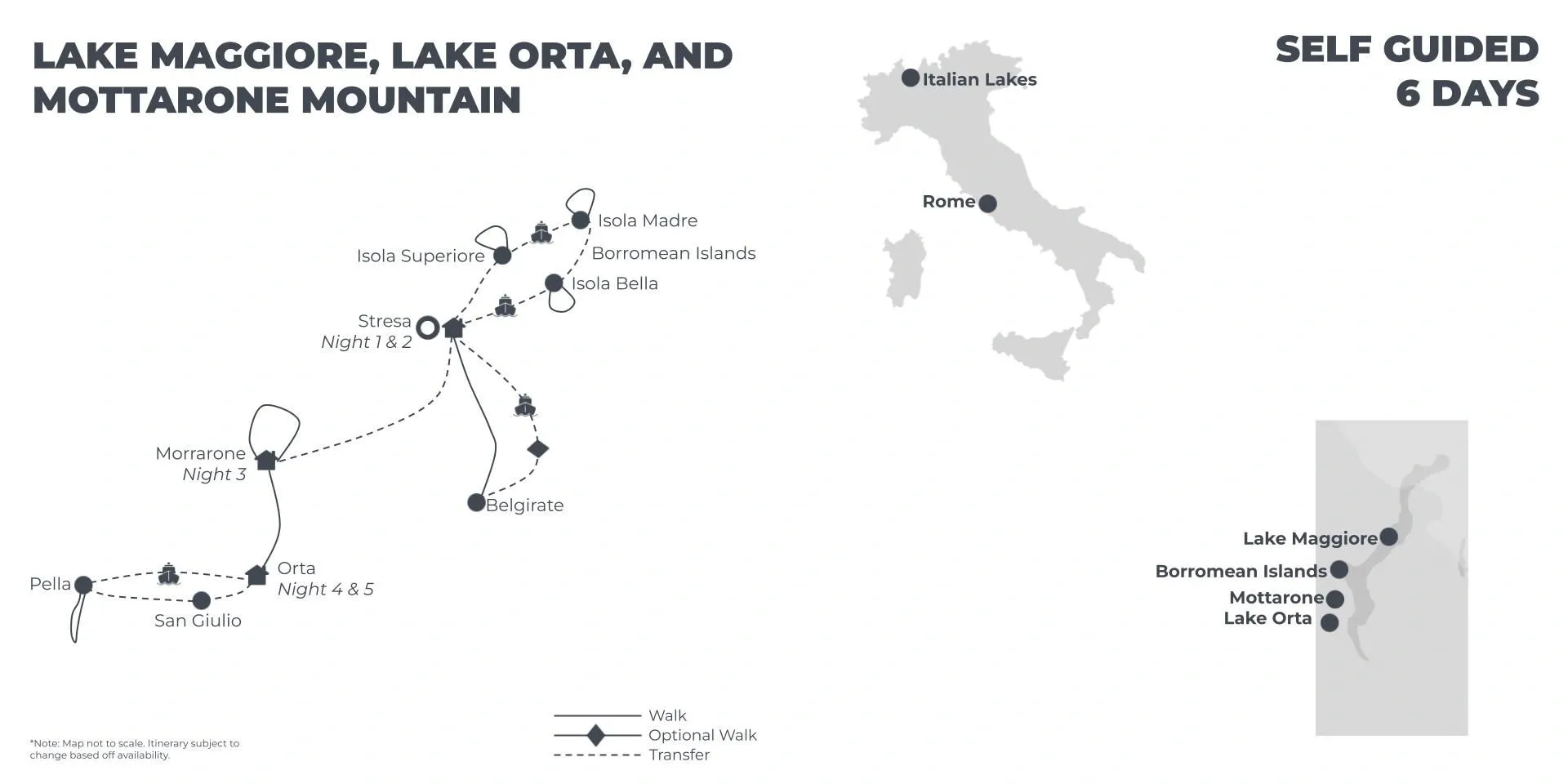 Lake Maggiore, Lake Orta and Mottarone Mountain - 6 Days route map