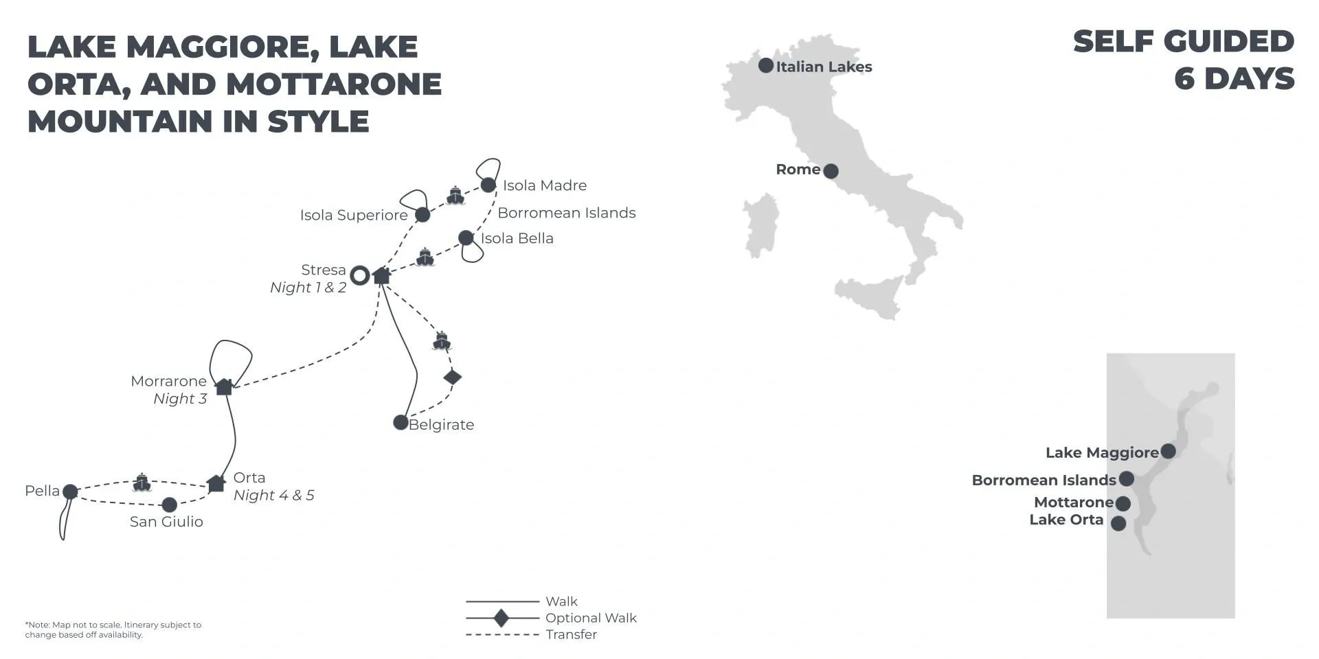 Lake Maggiore, Lake Orta and Mottarone Mountain in Style - 6 Days route map