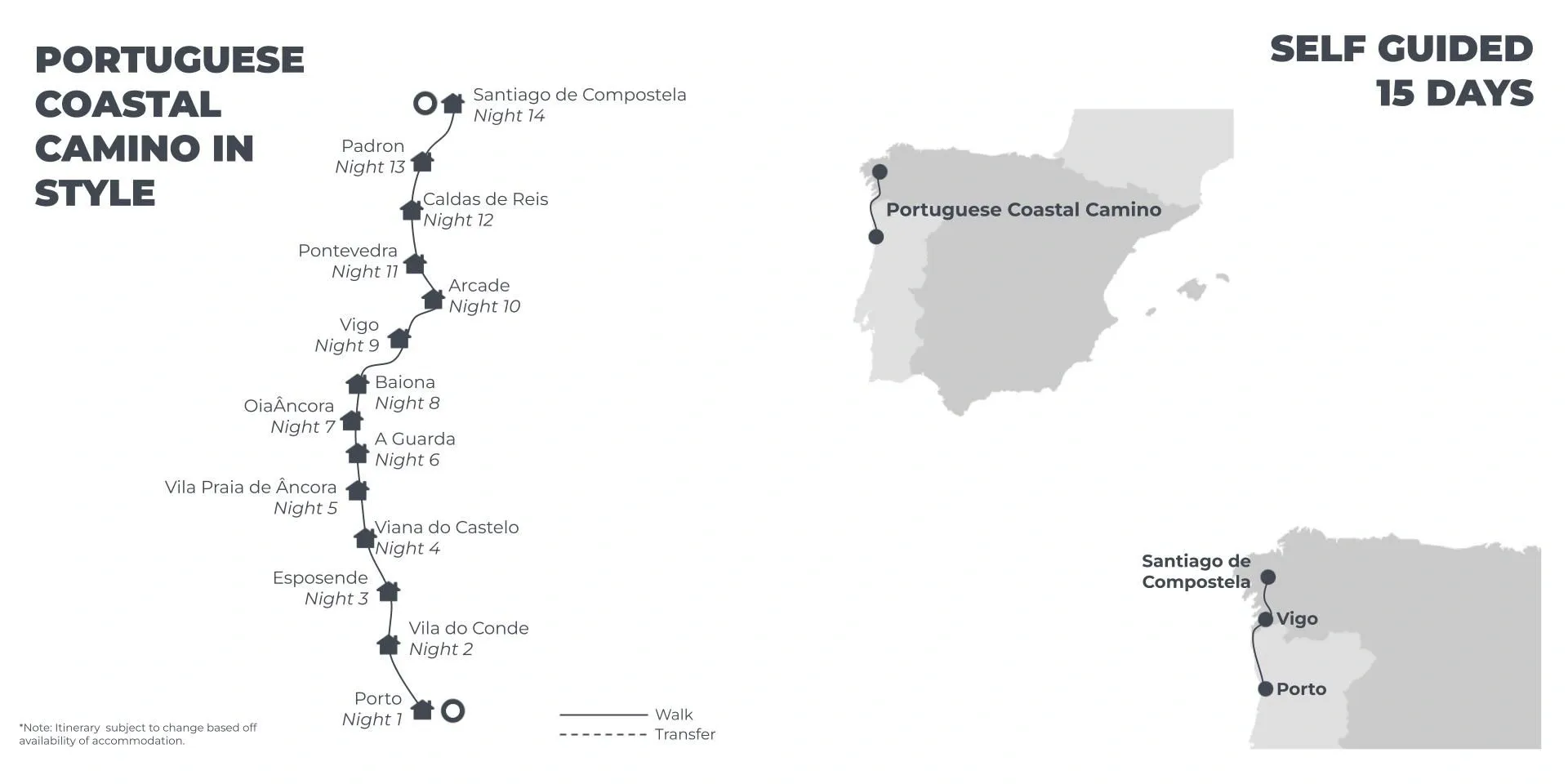 Portuguese Coastal Camino In Style - 15 Days route map