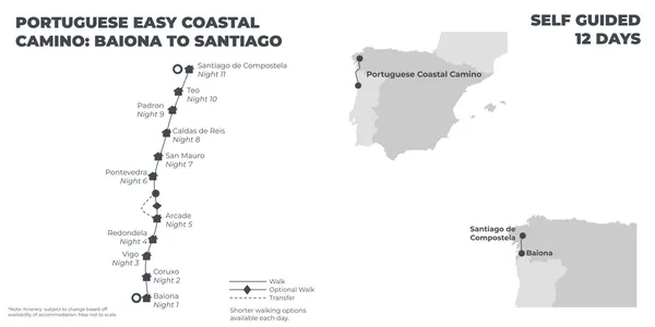 Portuguese Easy Coastal Camino: Baiona to Santiago - 12 Days route map