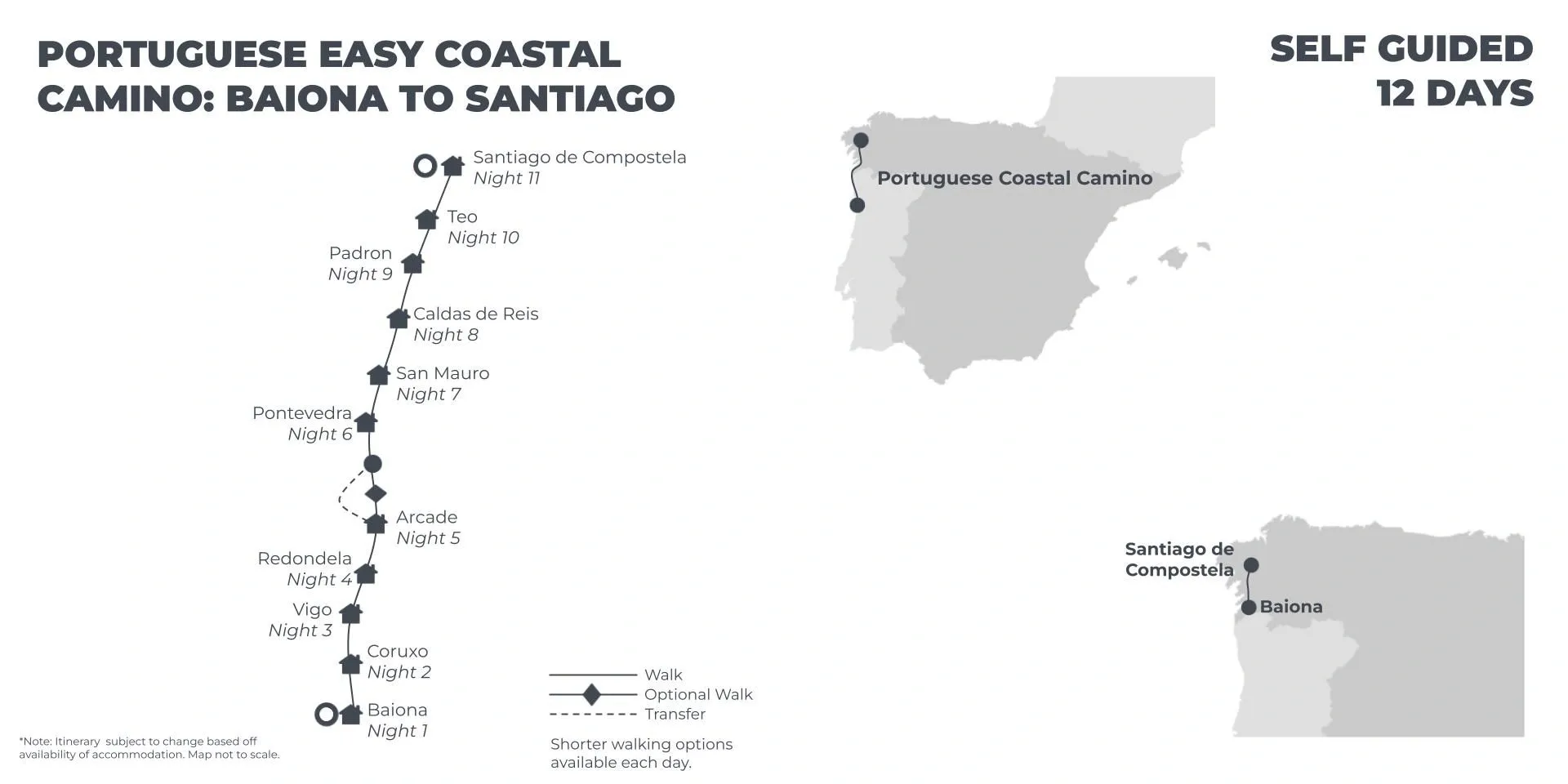Portuguese Easy Coastal Camino: Baiona to Santiago - 12 Days route map