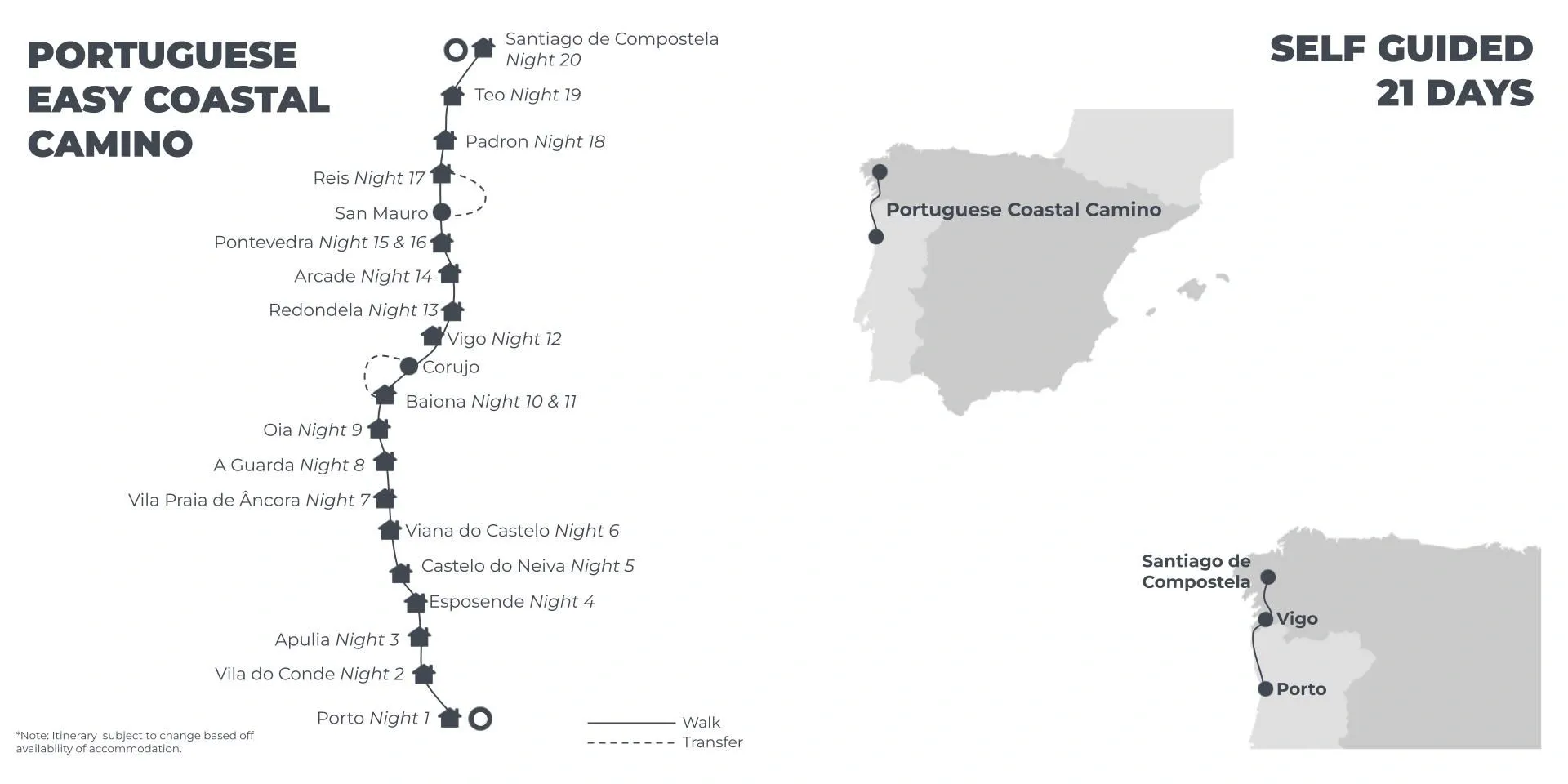 Portuguese Easy Coastal Camino Way of St James - 21 Days route map