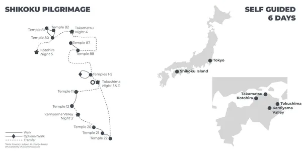 Shikoku Easier Pilgrimage - 6 Days route map