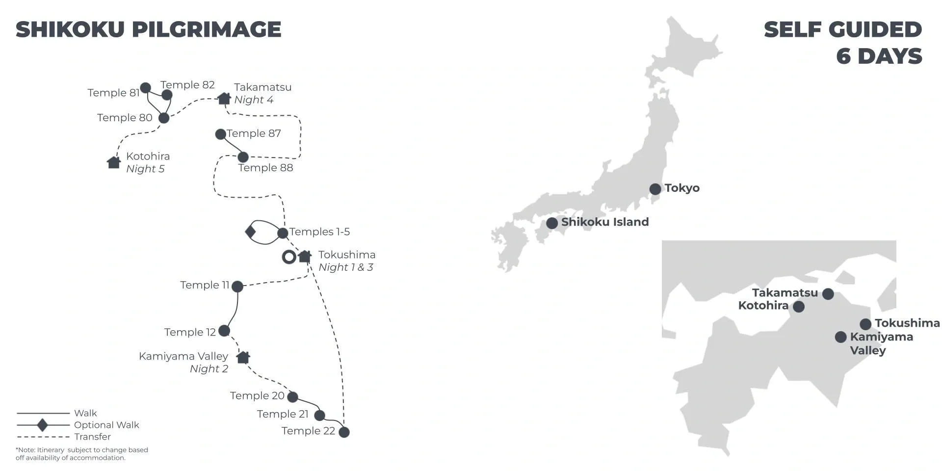 Shikoku Easier Pilgrimage - 6 Days route map