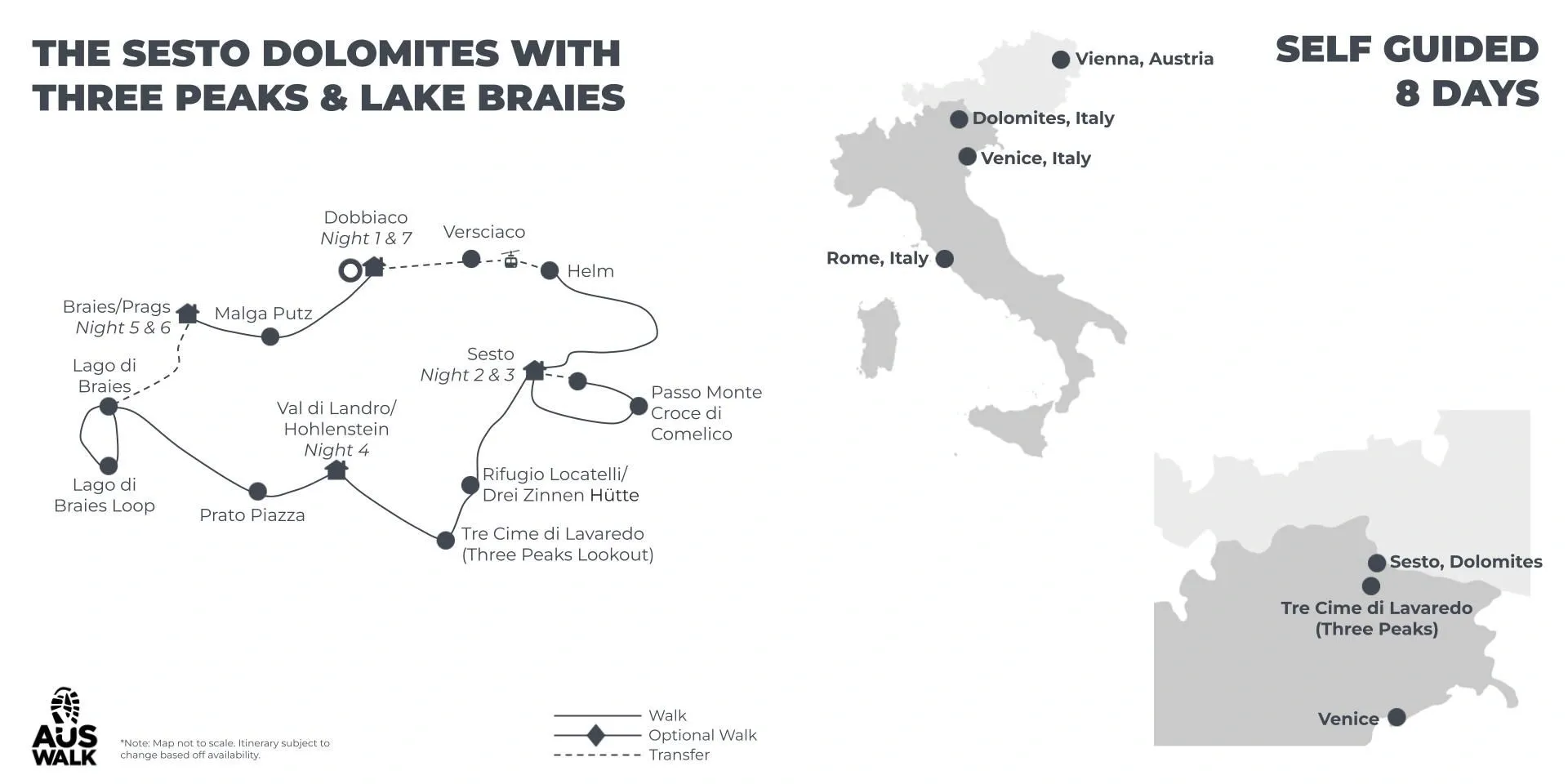 The Sesto Dolomites with Three Peaks & Lake Braies - 8 days route map