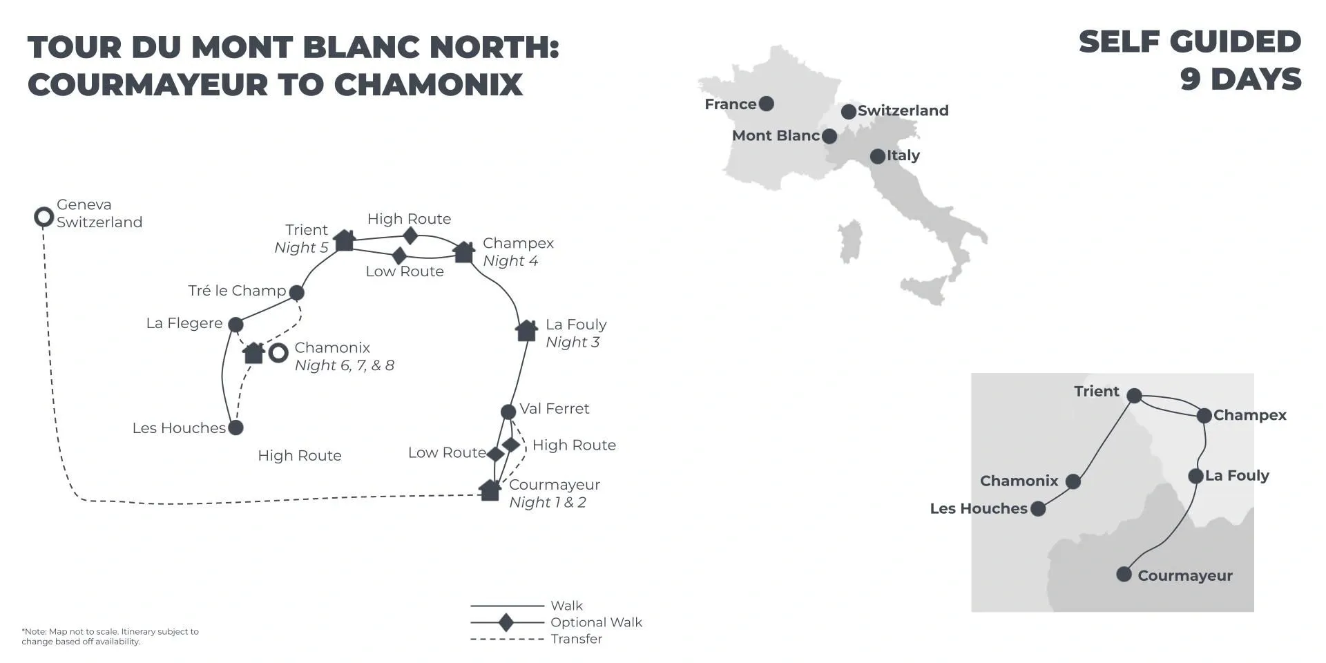 Tour du Mont Blanc North: Courmayeur to Chamonix - 9 Days route map