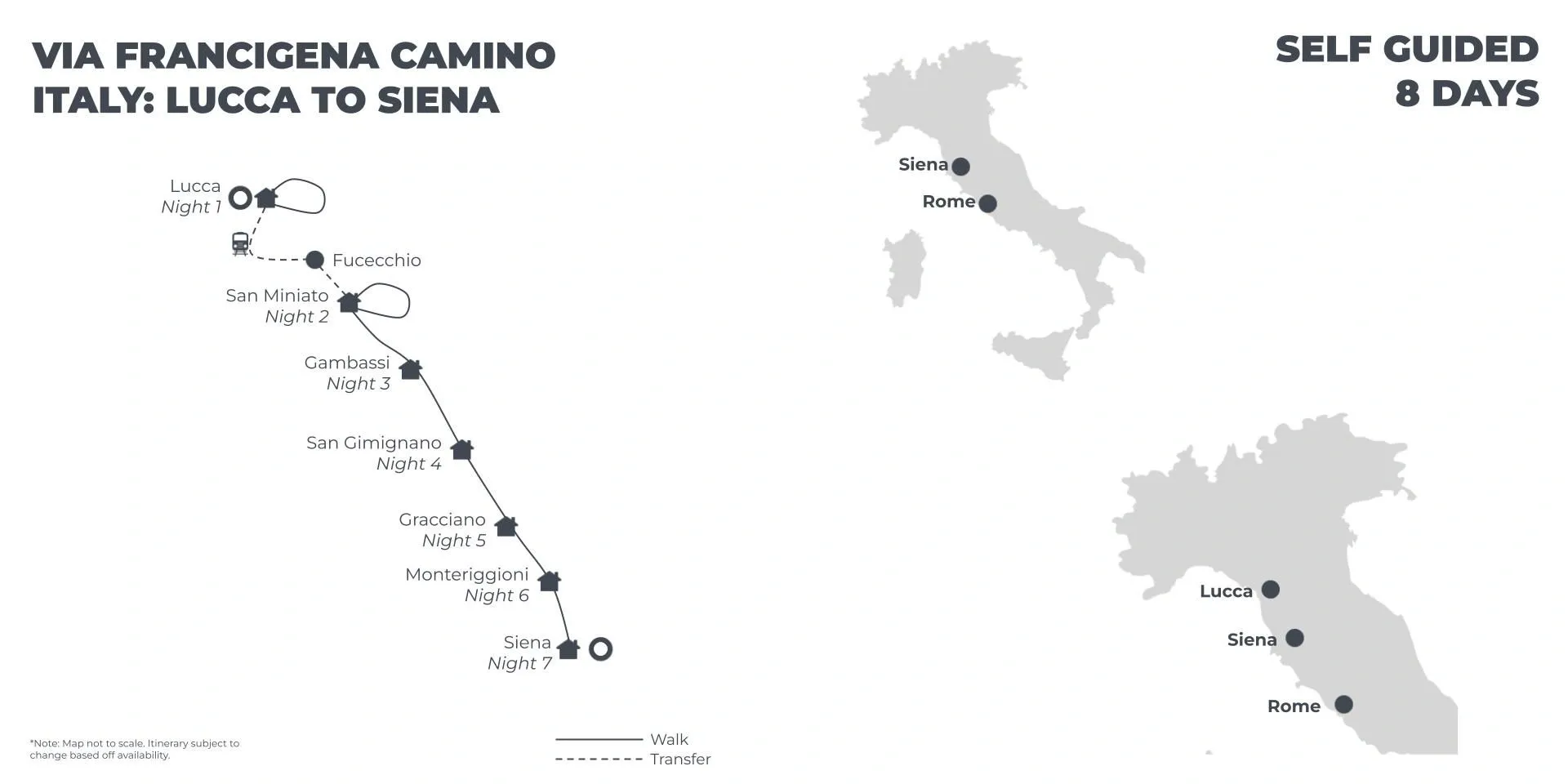 Via Francigena Camino Italy: Lucca to Siena - 8 Days route map