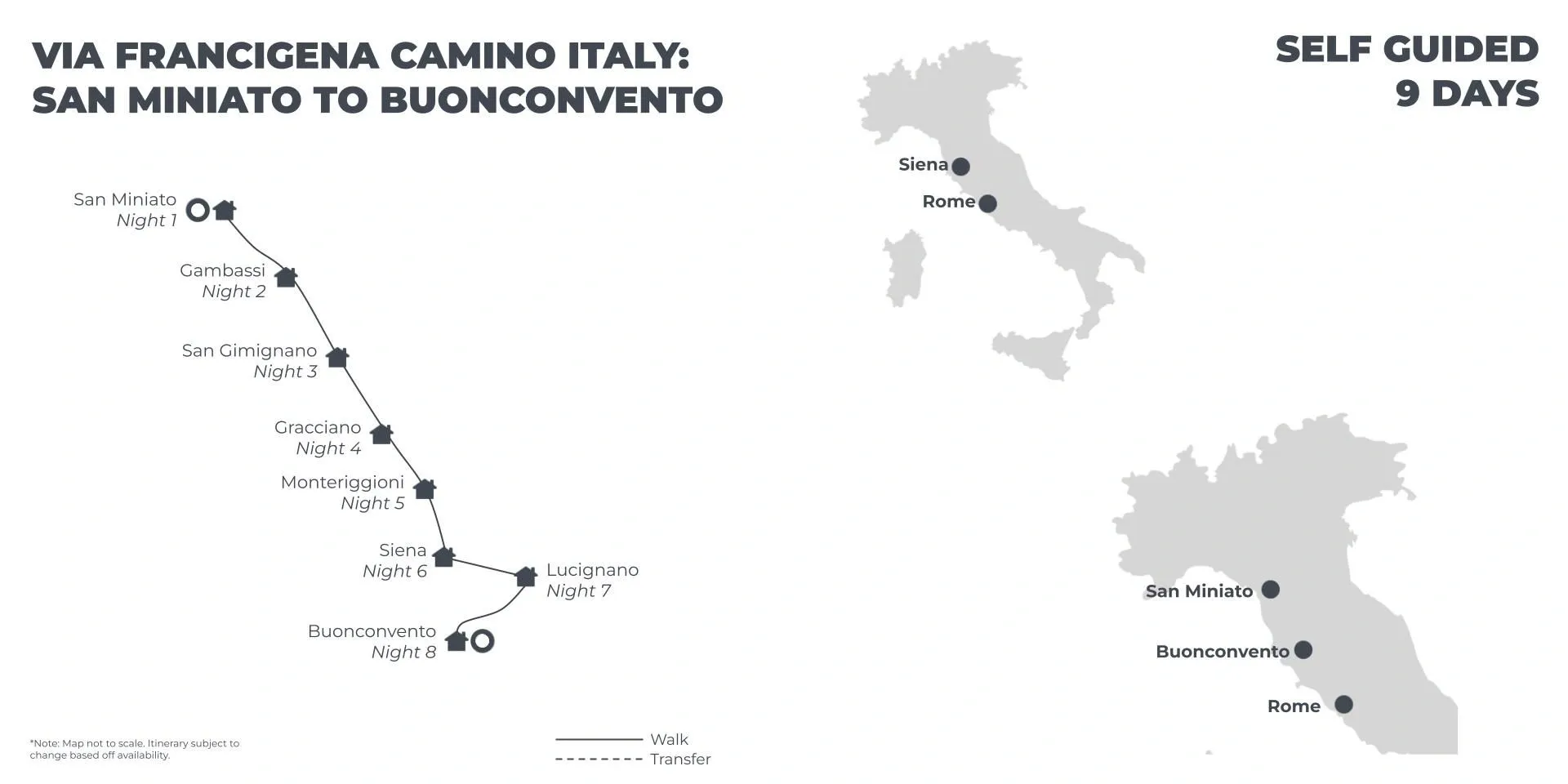 Via Francigena Camino Italy: San Miniato Alto to Buonconvento - 9 Days route map